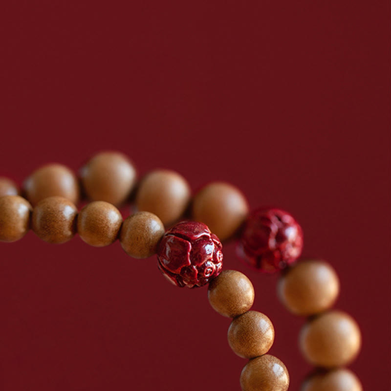 Buddha Stones Peach Wood Lotus Cinnabar Luck Wealth Bracelet