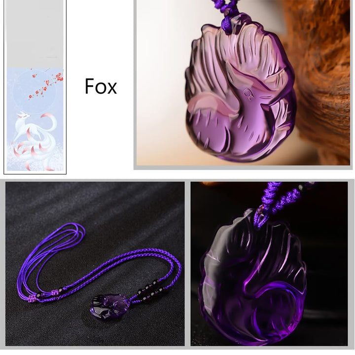 Buddha Stones Natural Amethyst White Crystal Citrine Nine Tailed Fox Luck Necklace Pendant