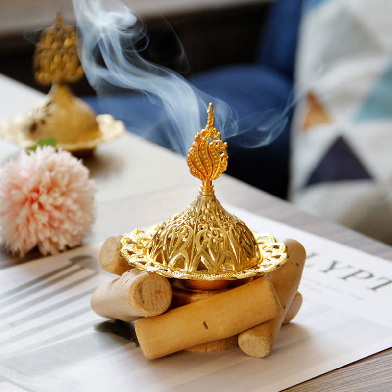 Gold Alloy Healing Mini Incense Burner With Wooden Coaster Home Decor