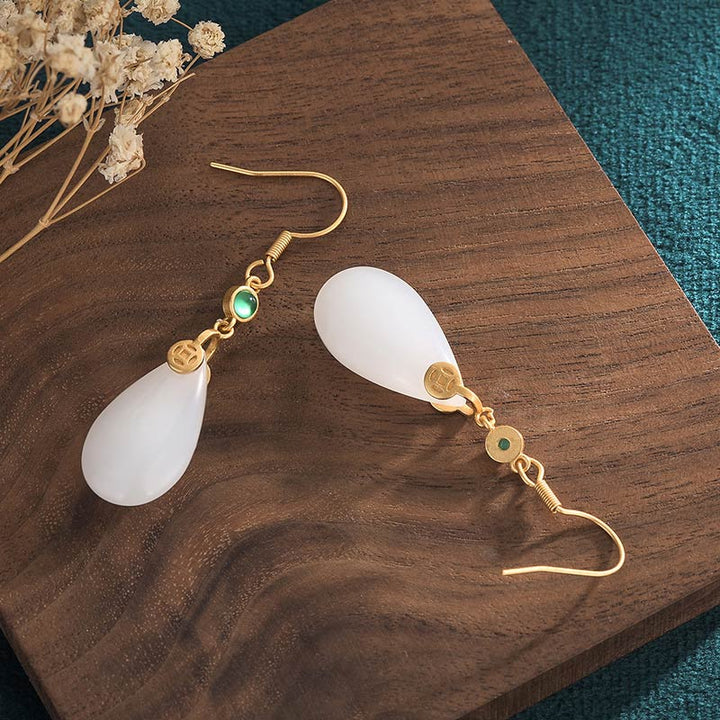 Buddha Stones FengShui White Jade Luck Drop Earrings