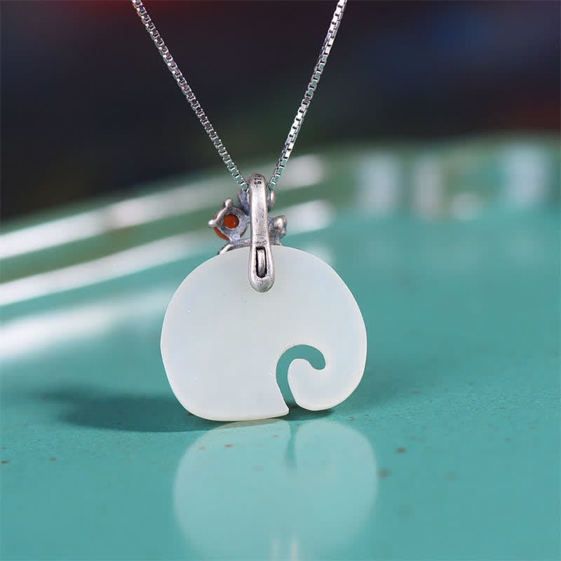 White Jade Elephant Lotus Protection Necklace Pendant