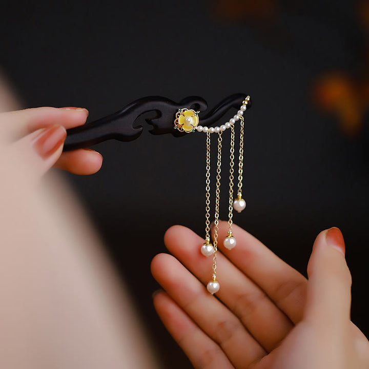 Buddha Stones Ebony Wood Yellow Flower Pearl Tassels Hairpin