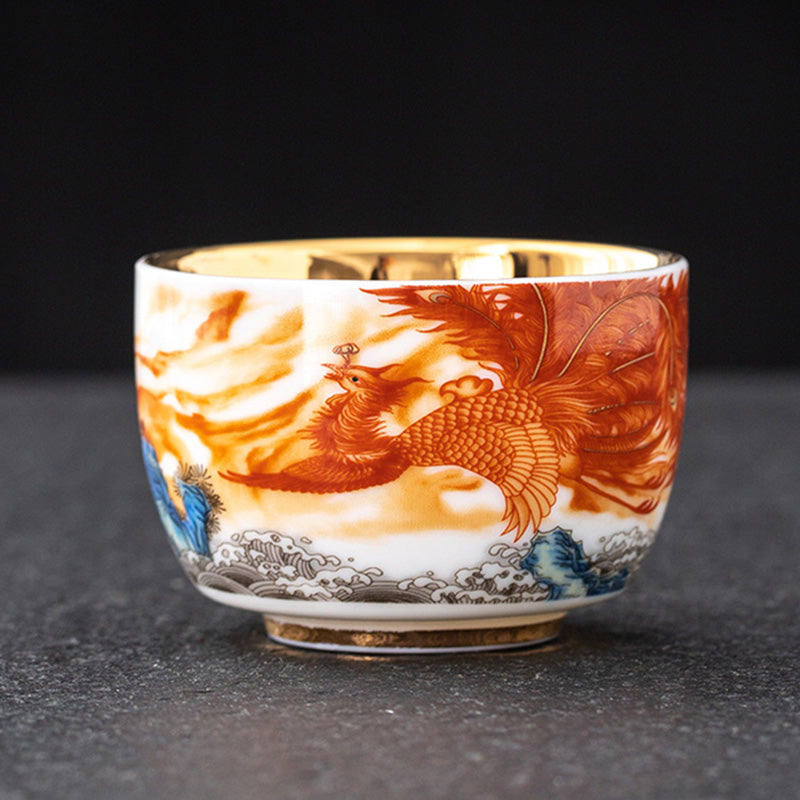 Buddha Stones Dragon Phoenix Crane Sun Ocean Waves Gilt Ceramic Teacup Kung Fu Tea Cup 170ml