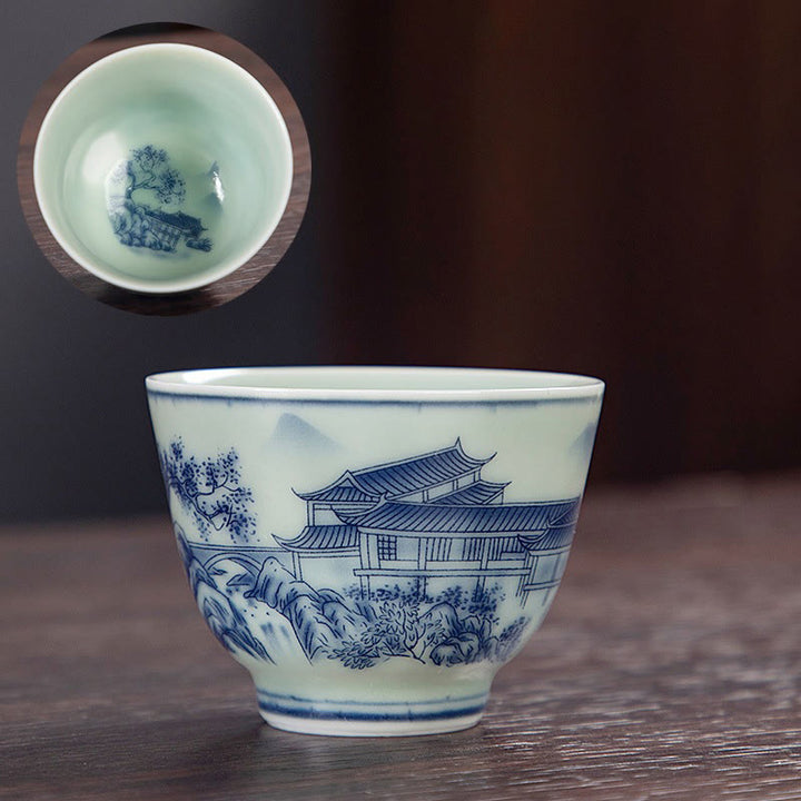 Buddha Stones Blue Landscape Mountains Lotus Cute Cat Pavilions Magnolia Reed Egrets Ceramic Teacup Small Kung Fu Tea Cup