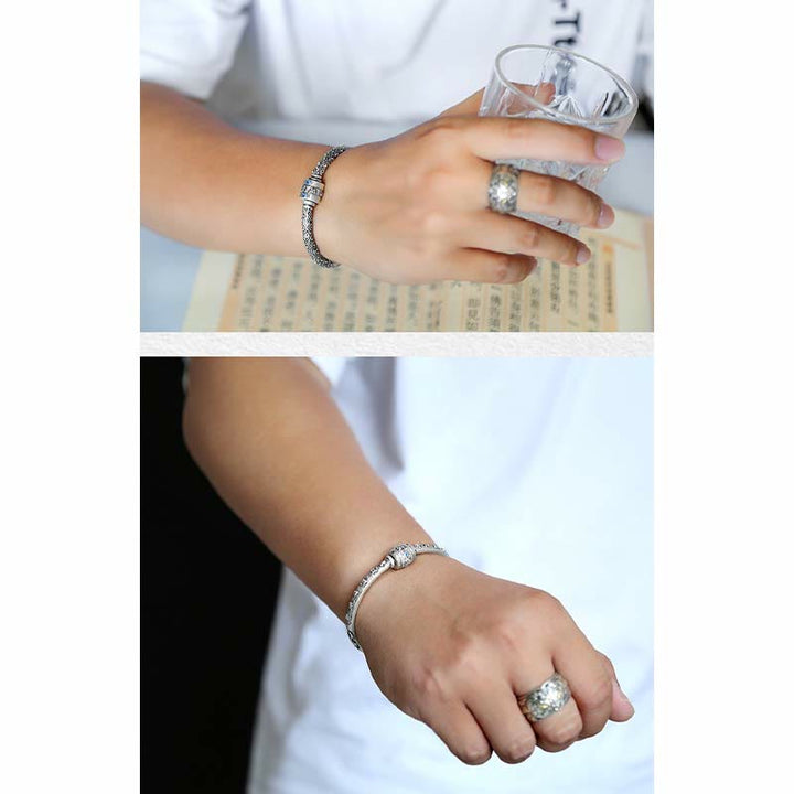 Buddha Stones 990 Sterling Silver Tibetan Auspicious Clouds Om Mani Padme Hum Engraved Creativity Bracelet Bangle