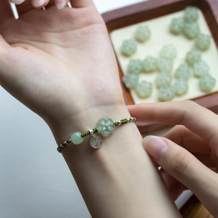 Buddha Stones Handmade Plum Blossom Flower Jade Luck Prosperity Braided Bracelet