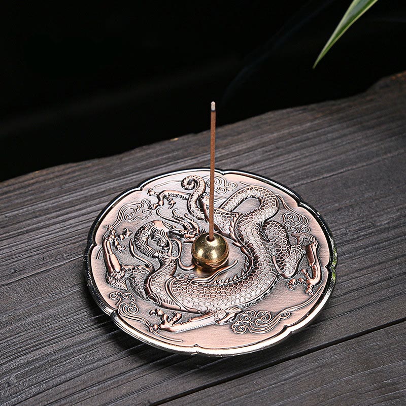 Buddha Stones Round Auspicious Dragon Protection Copper Alloy Stick Incense Burner Decoration