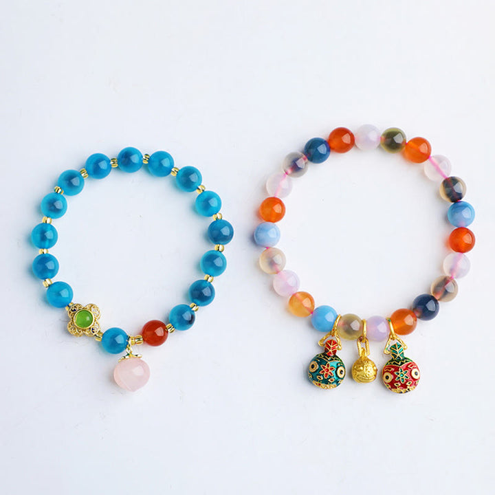 Buddha Stones Colorful Candy Agate Gold Swallowing Beast Family Peach Harmony Charm Bracelet