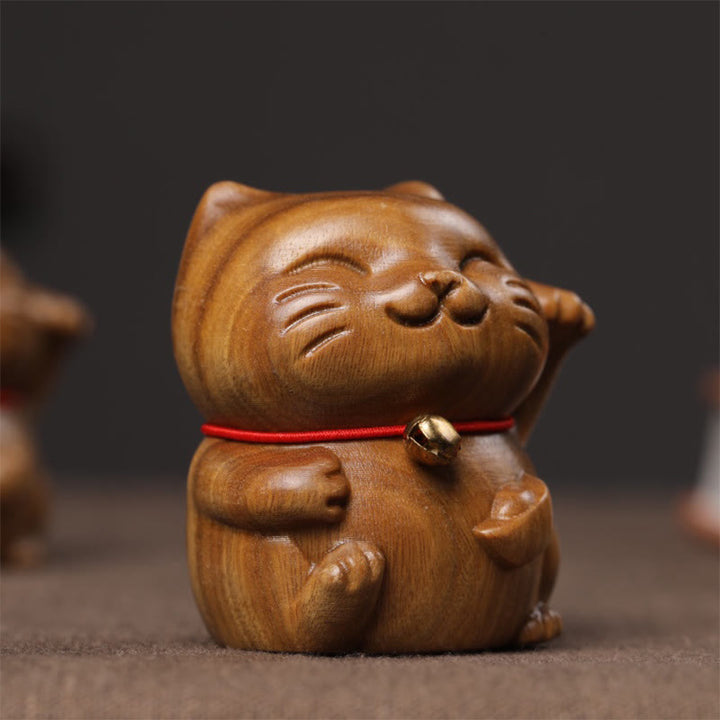 Buddha Stones Green Sandalwood Small Mini Cute Lucky Cat Peace Decorations