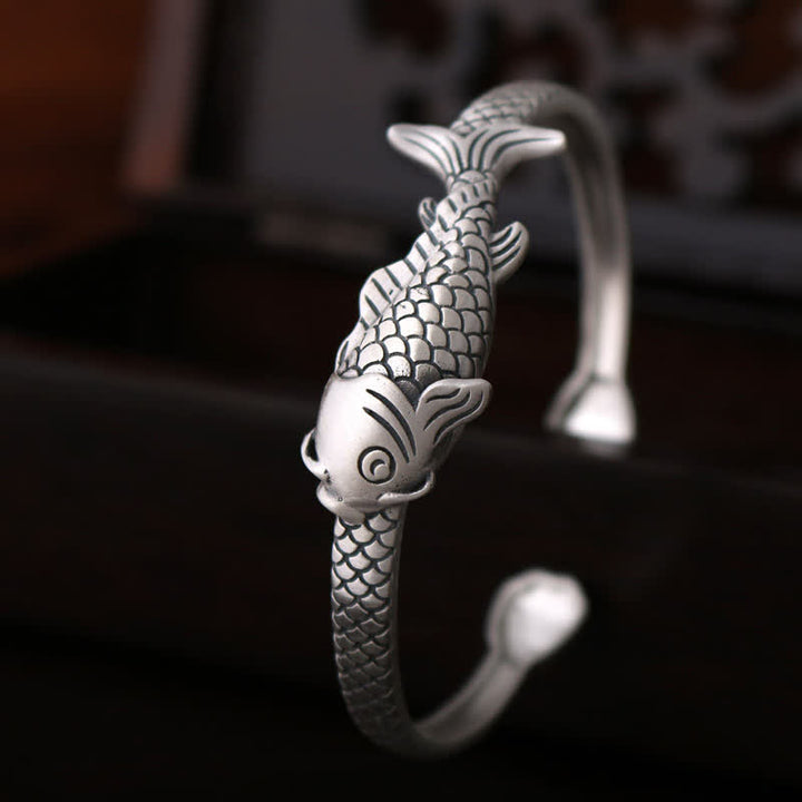 990 Sterling Silver Koi Fish Lotus Luck Wealth Bracelet Bangle