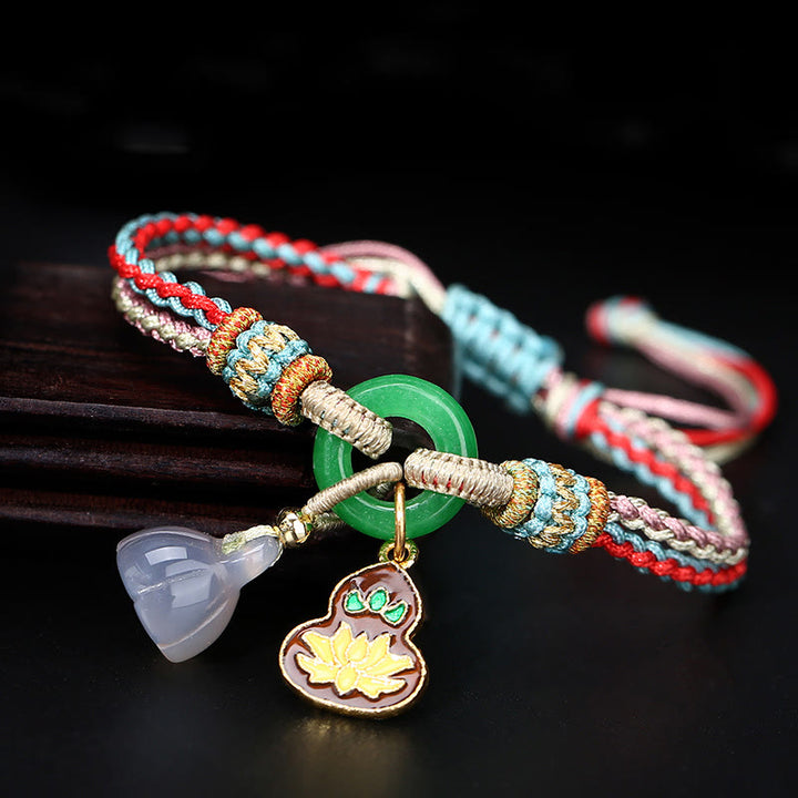 Buddha Stones Colorful Rope Chalcedony Lotus Jade Peace Buckle Harmony Gourd Charm Bracelet