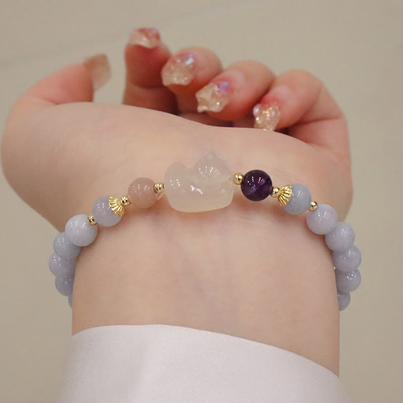 Buddha Stones Natural Aquamarine Chalcedony Serenity Rabbit Gourd Cat Charm Bracelet