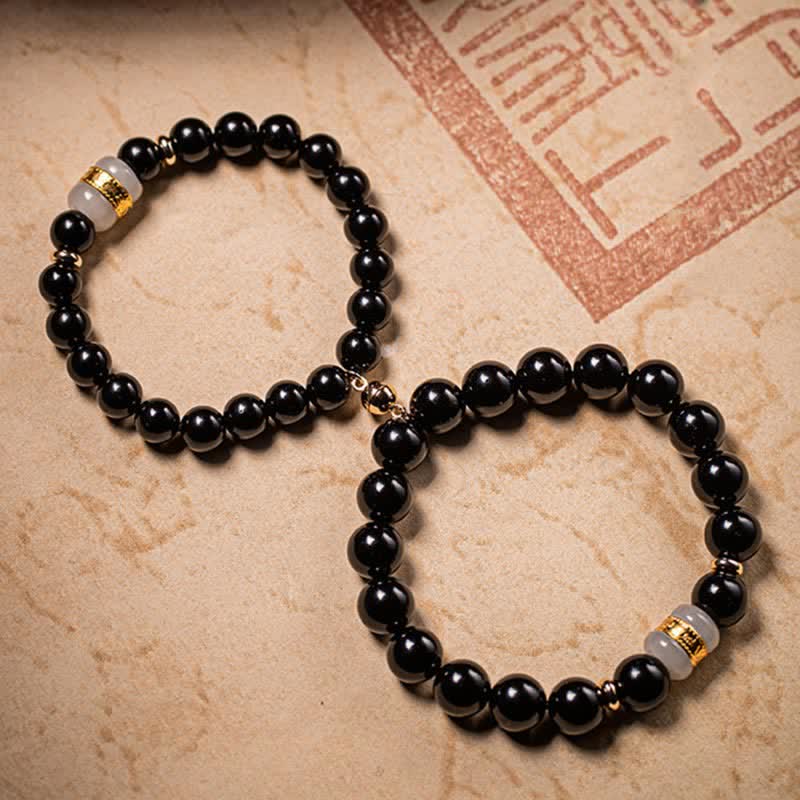 Buddha Stones Black Obsidian Jade Om Mani Padme Hum Strength Couple Magnetic Bracelet