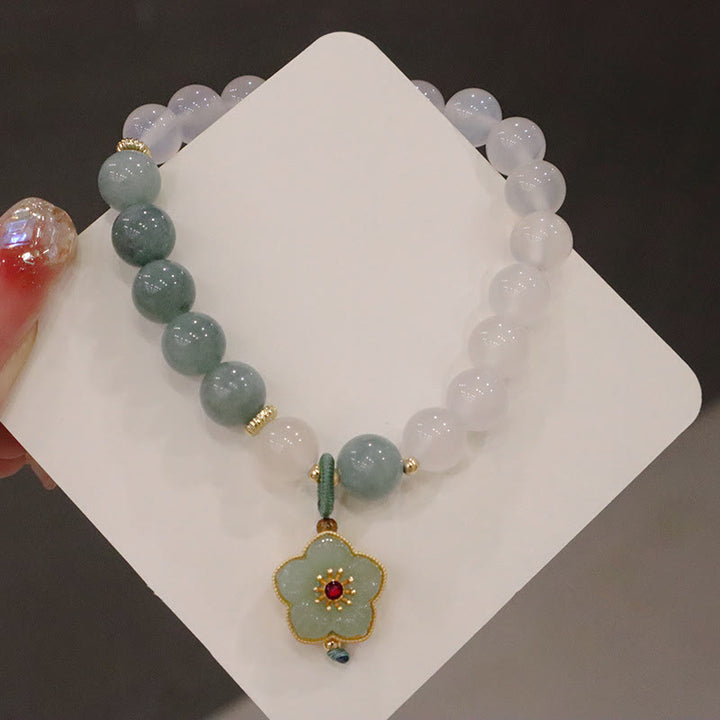 Buddha Stones White Agate Jade Lotus Flower Peace Buckle Protection Bracelet