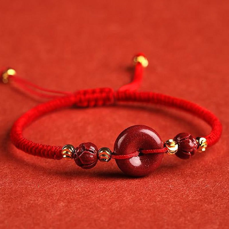 Buddha Stones Handmade Lotus Cinnabar Peace Buckle Blessing Braid Bracelet