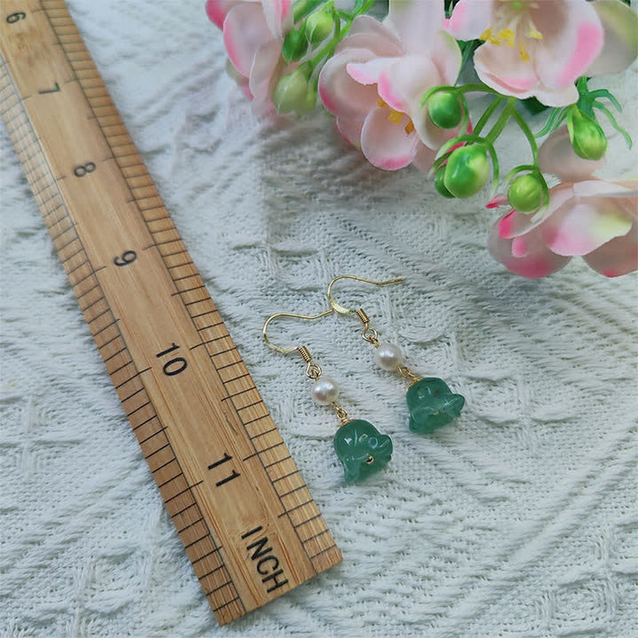 Buddha Stones Lily of The Valley Natural Green Aventurine 14K Gold Plated Luck Pearl Drop Dangle Floral Earrings