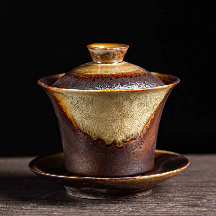 Buddha Stones Vintage Brown Kiln Change Design Porcelain Ceramic Gaiwan Sancai Teacup Kung Fu Tea Cup And Saucer With Lid