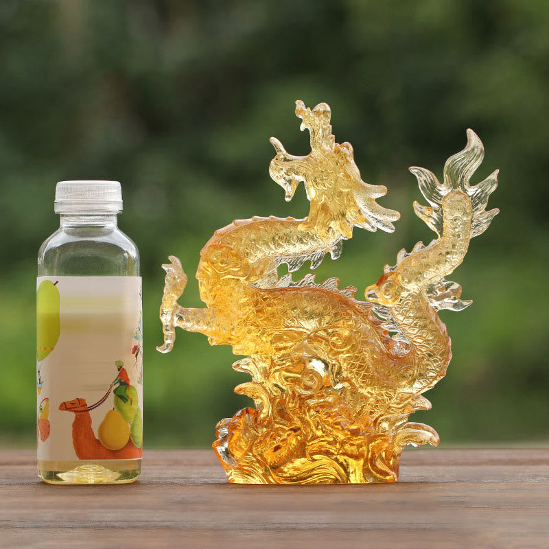 Buddha Stones Handmade Chinese Zodiac Yellow Dragon Liuli Crystal Art Piece Luck Protection Home Office Decoration