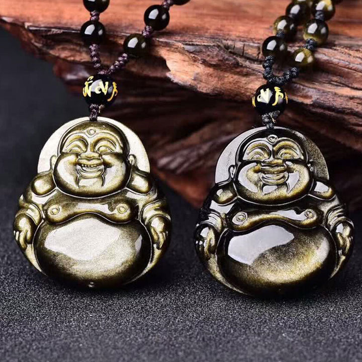 Buddha Stones Laughing Buddha Gold Sheen Obsidian Wealth Necklace Pendant