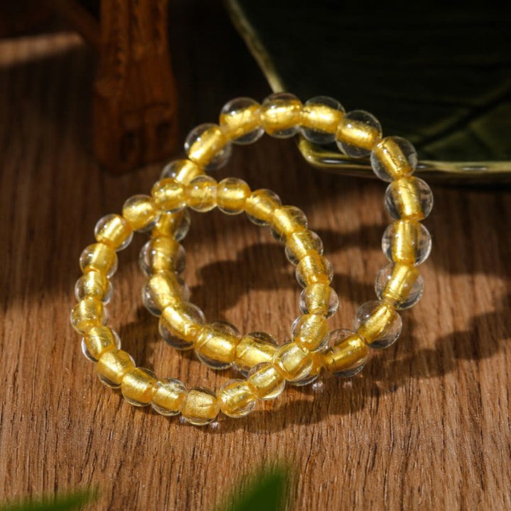 Buddha Stones Gold Swallowing Beast Family Charm Gold Foil Liuli Glass Bead Fortune Bracelet