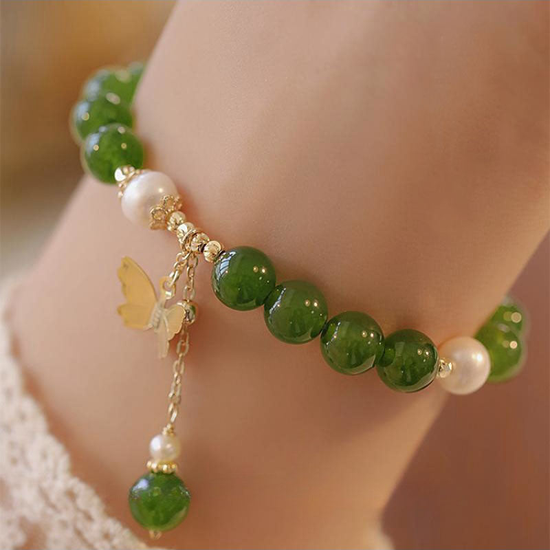 Buddha Stones Natural Green Chalcedony Pearl Butterfly Courage Strength Bracelet