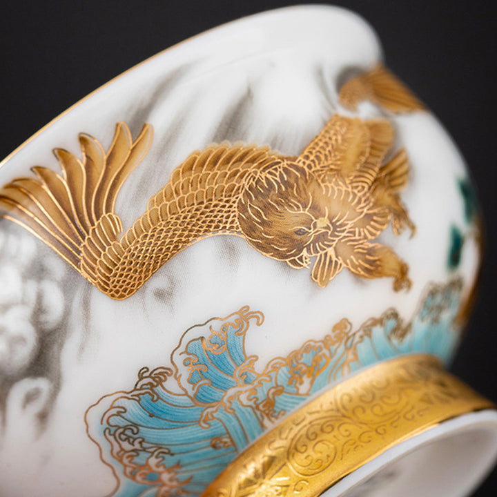 Buddha Stones Golden Eagle Auspicious Dragon Sun Ocean Waves Gilt Ceramic Teacup Kung Fu Tea Cup