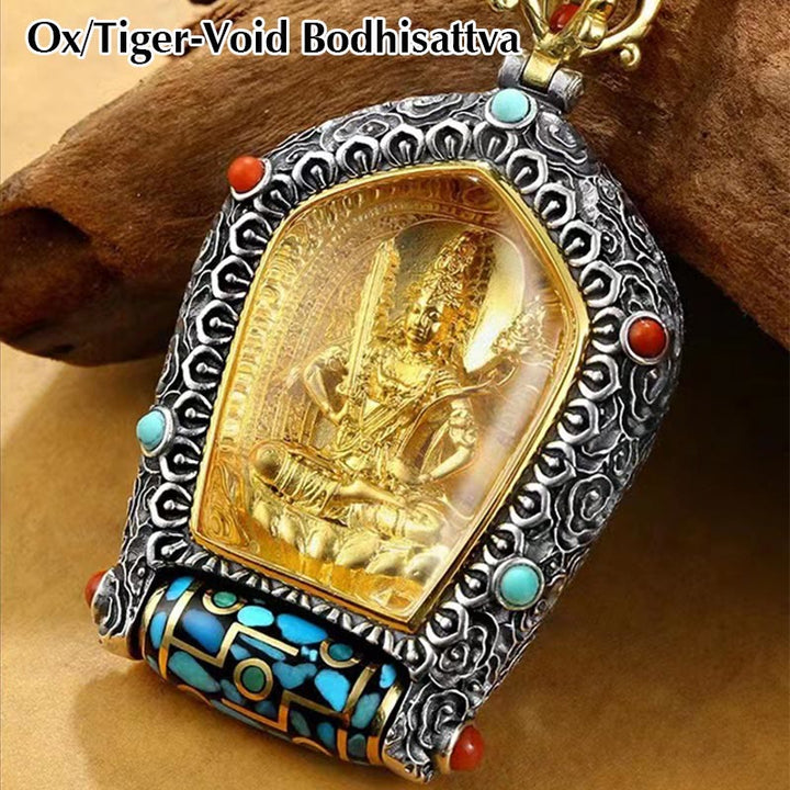 Tibet Chinese Zodiac Natal Buddha Thangka Prosperity Rotatable Dzi Bead Necklace Pendant