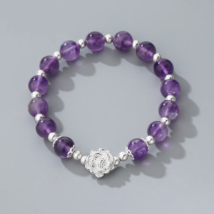 Buddha Stones 925 Sterling Silver Natural Amethyst Lotus Spiritual Bracelet