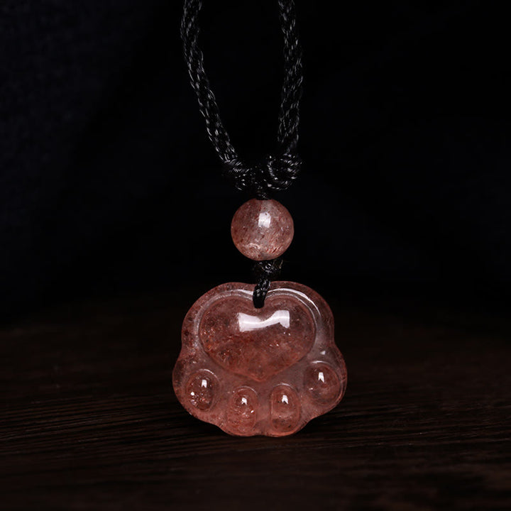 Buddha Stones Strawberry Quartz Lovely Cat Paw Claw Healing Necklace Pendant