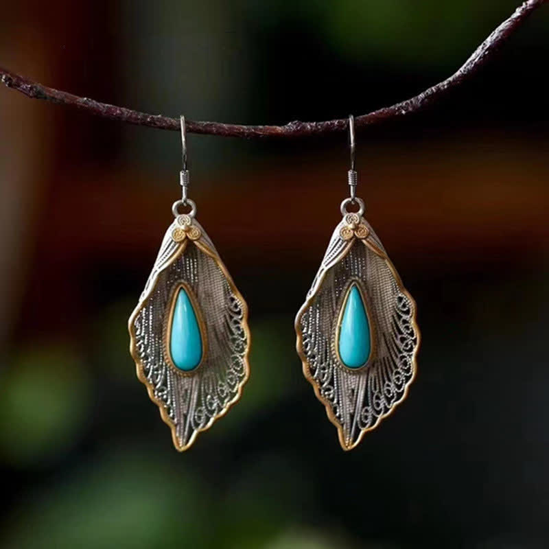 925 Sterling Silver Turquoise Bodhi Leaf Pattern Protection Drop Dangle Earrings