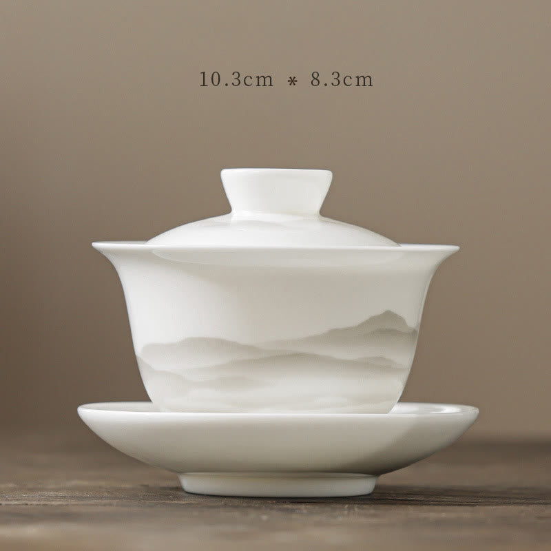Buddha Stones Vintage Ink Painting Mountain White Porcelain Ceramic Gaiwan Sancai Teacup Kung Fu Tea Cup And Saucer With Lid Tea Utensil Teapot