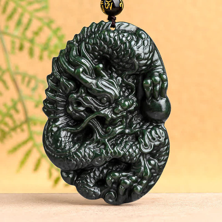 Buddha Stones Hetian Cyan Jade Dragon Success Harmony Necklace Beaded String Pendant