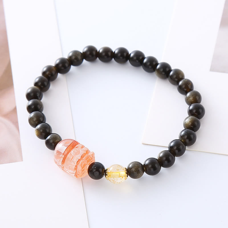 Buddha Stones Natural Gold Sheen Obsidian PiXiu Wealth Protection Bracelet