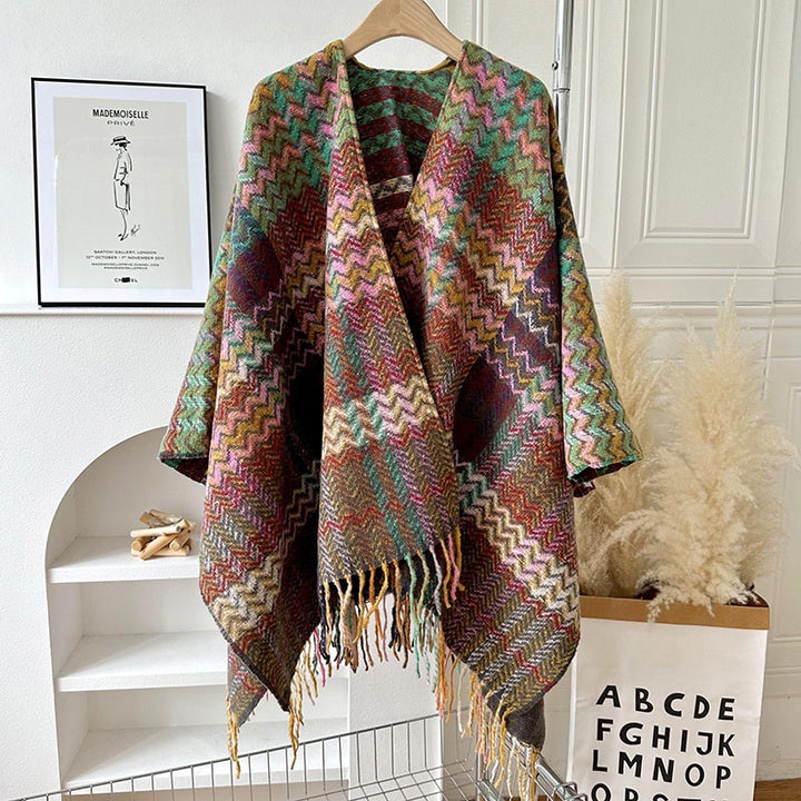 Buddha Stones Tibetan Shawl Colorful Wavy Striped Shapes Tassels Winter Cozy Travel Scarf Wrap