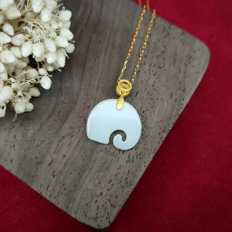 Buddha Stones White Jade Elephant Luck Fortune Necklace Pendant