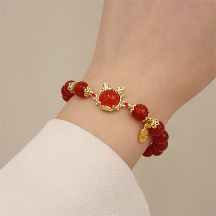 Buddha Stones Year of the Dragon Red Agate Jade Peace Buckle Fu Character Success Bracelet