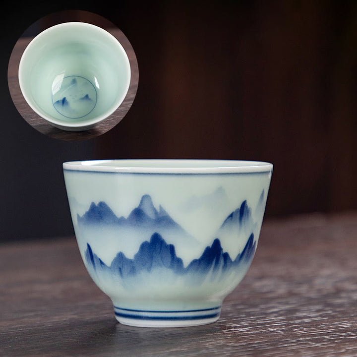 Buddha Stones Blue Landscape Mountains Lotus Cute Cat Pavilions Magnolia Reed Egrets Ceramic Teacup Small Kung Fu Tea Cup