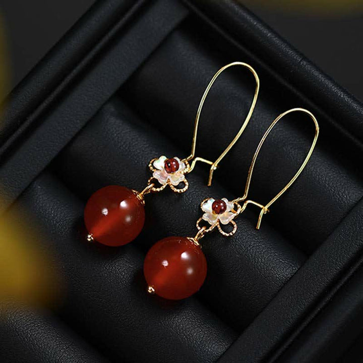 Buddha Stones 925 Sterling Silver Red Agate Flower Beaded Confidence Earrings