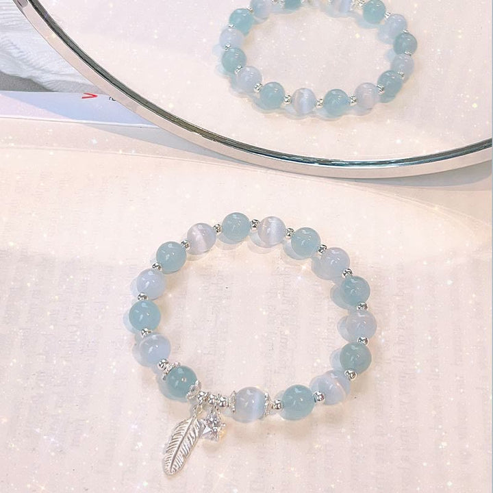 Buddha Stones 925 Sterling Silver Aquamarine Cat's Eye Healing Feather Star Charm Bracelet