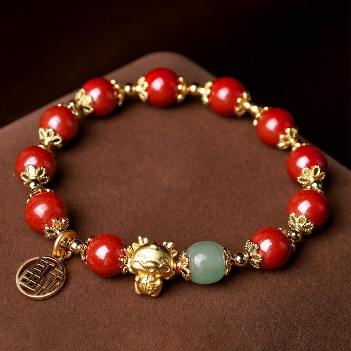 Buddha Stones Year of the Dragon Natural Cinnabar Fu Character Charm Blessing Bracelet