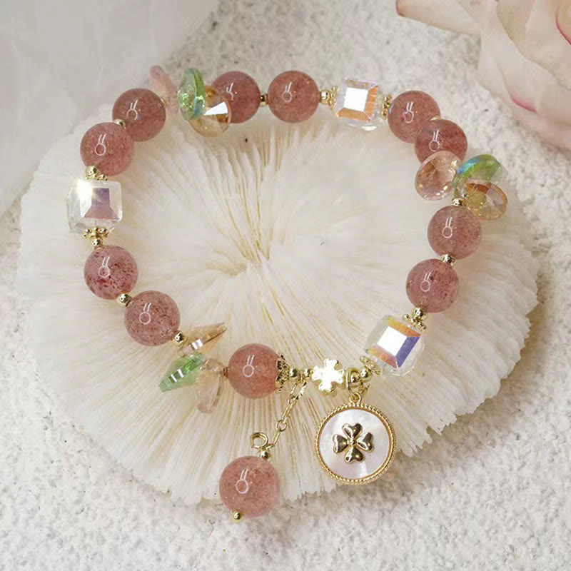 Buddha Stones Strawberry Quartz Lucky Four Leaf Clover Healing Charm Bracelet