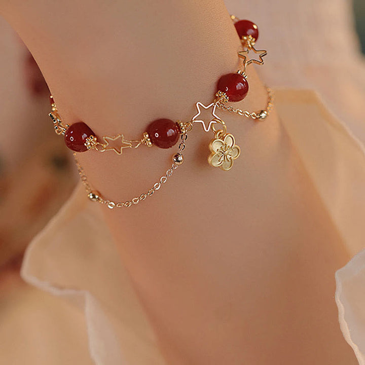 Buddha Stones 14k Gold Plated Red Agate Star Flower Charm Calm Bracelet