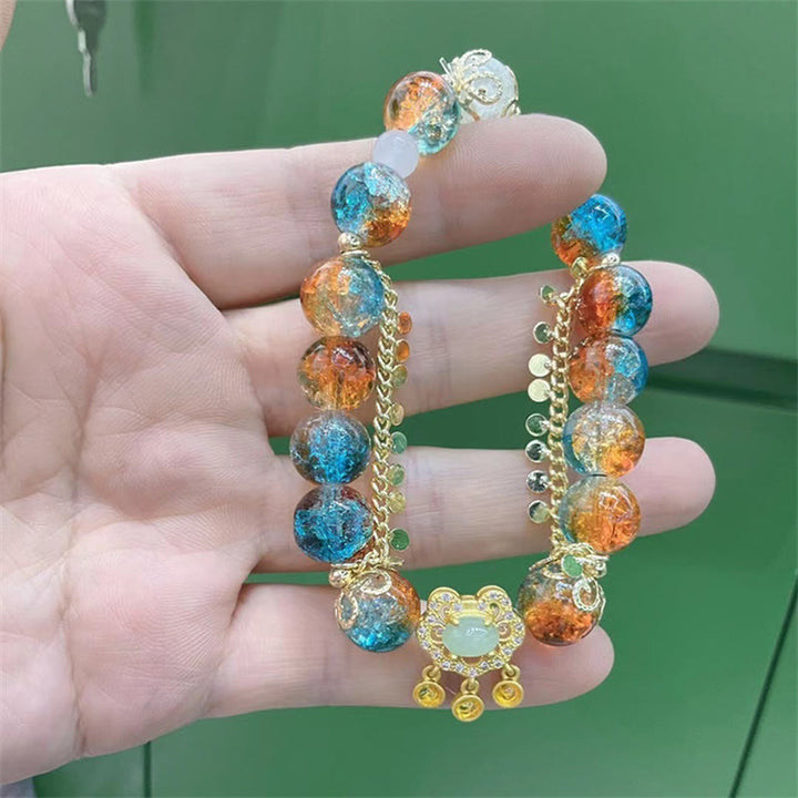 Buddha Stones Colorful Liuli Glass Bead Chinese Lock Charm Fortune Bracelet