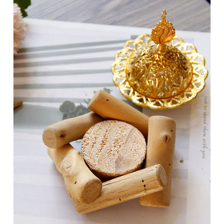 Gold Alloy Healing Mini Incense Burner With Wooden Coaster Home Decor