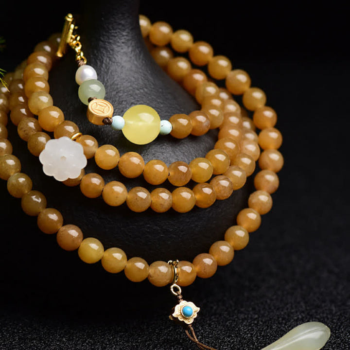 Natural Hetian Topaz Amber Lotus White Jade Pearl Success Bracelet