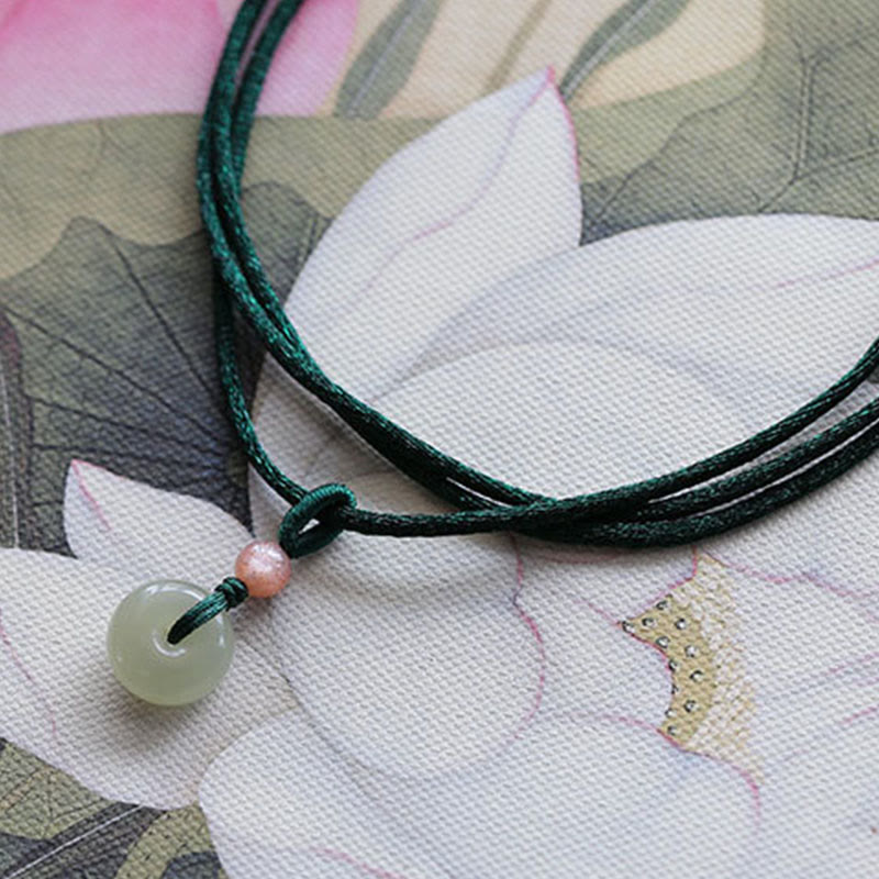 Natural Round Jade Peace Buckle Lotus Abundance String Necklace Pendant