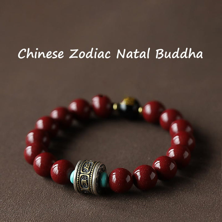 Buddha Stones 925 Sterling Silver Chinese Zodiac Natal Buddha Cinnabar Om Mani Padme Hum Calm Bracelet