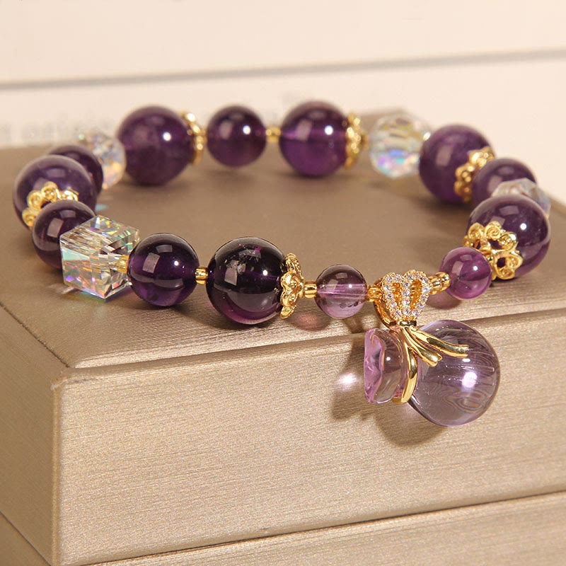 Buddha Stones Natural Amethyst Crystal Money Bag Charm Positive Bracelet