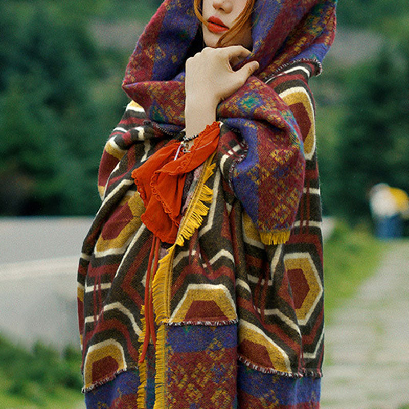 Buddha Stones Tibetan Shawl Brown Blue Red Geometric Shapes Pattern Winter Cozy Travel Scarf Wrap