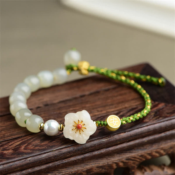 925 Sterling Silver Natural Hetian Jade Peach Blossom Luck Bracelet